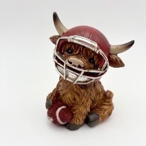 Football Highland Cow Figurine Cute Bull with Helmet and Ball Decor